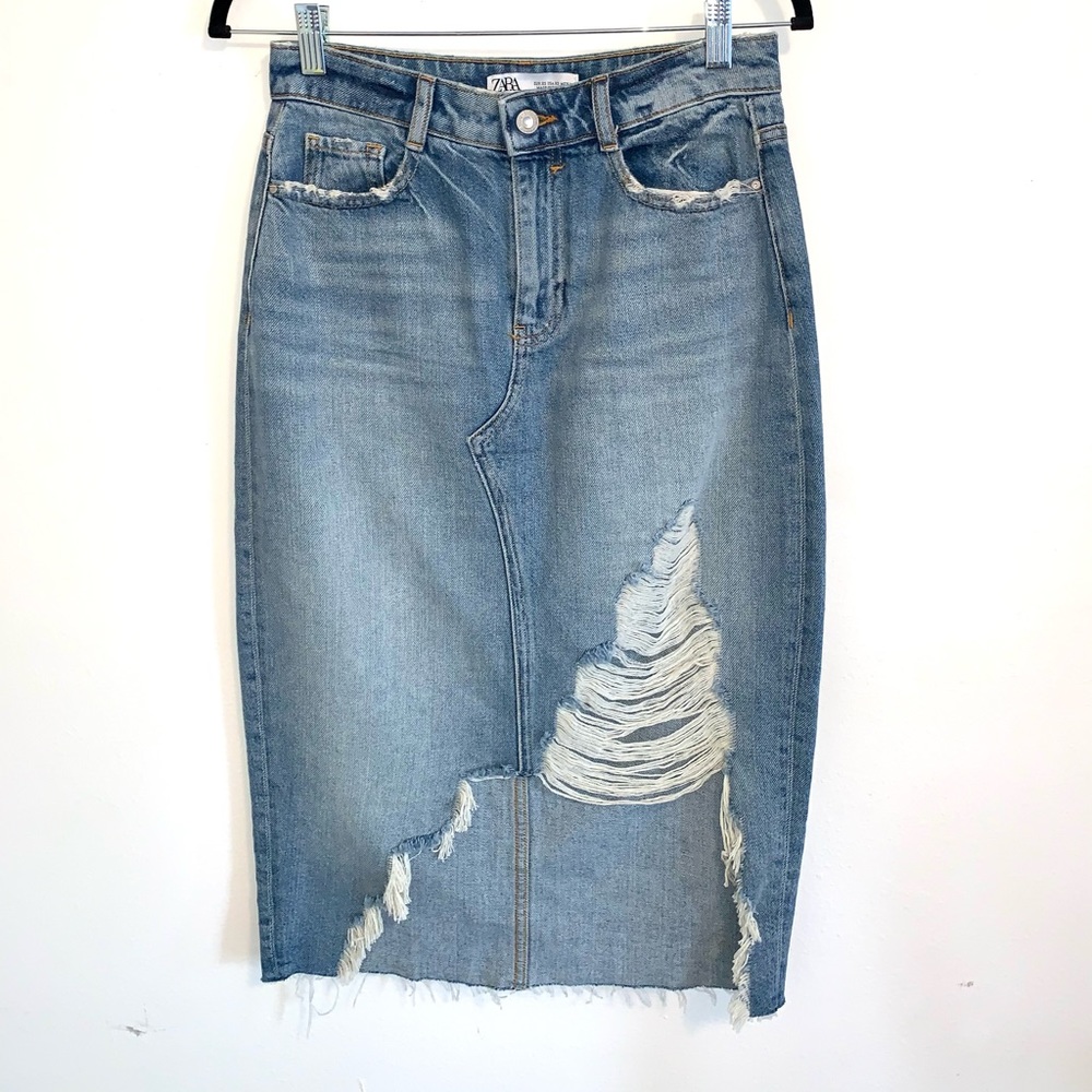 ZARA Denim Skirt, Distressed Asymmetric Pencil, XS